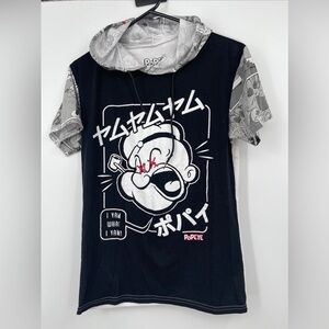 Popeye Hoodie Size Small All Over Print Short Sleeve T-Shirt Hooded Drawstring